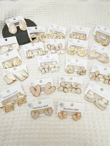 24只（随机款式）304不锈钢白色花朵/镂空叶子圆形釉面水滴耳环，生日、周年纪念日、情人节礼物，男女皆宜日常佩戴 - 彩色 - 查看 4