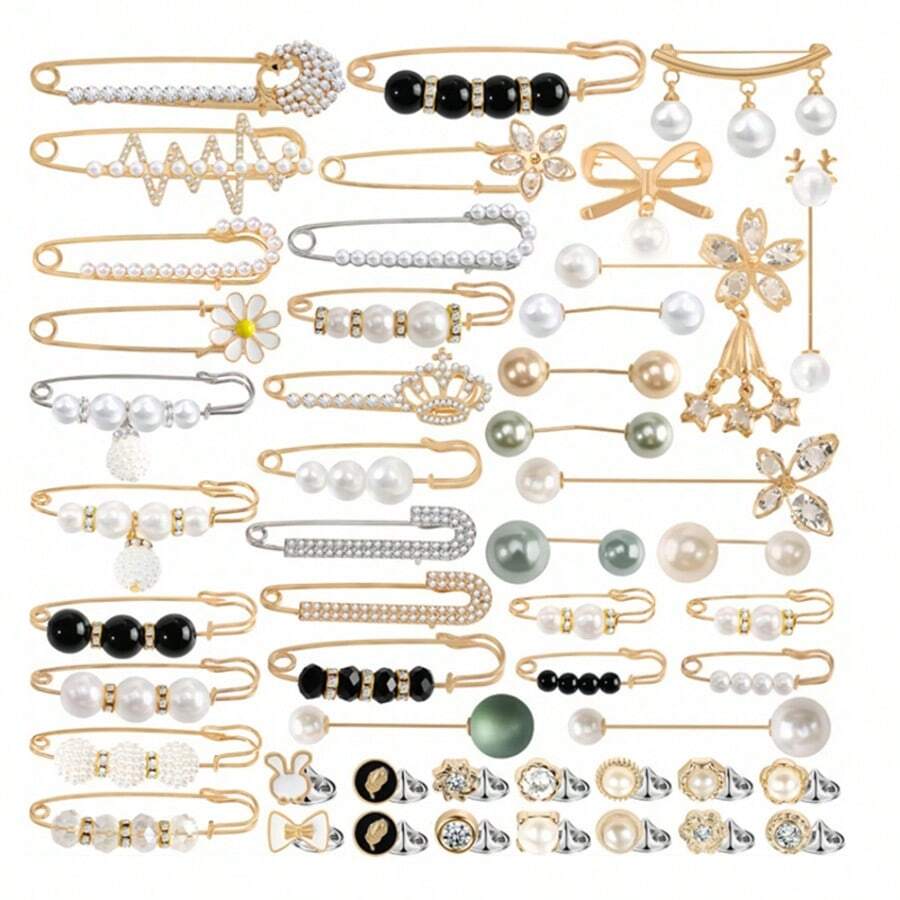 49pcs Shoe & Boot Decorative Accessories - Pins, Adjustable Buckles, Faux Pearl Brooches, Sweater Shawl Hat Clips, Clothing Dress Brooch Pins, Pants Waist Belt Fasteners, Safety Pins - Multicolor - View 1