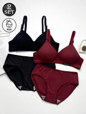 [Teen Sports Bra] 2Set/4Pcs Fashion Label Sports Bra & Brief For Teenagers/Students - Comfortable & Breathable, Ideal For Running & Training