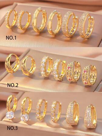 6pcs/Set Fashionable & Elegant Vintage Colorful Zirconia Micro-Inlaid Hollow Carved Hoop Earrings Set, Chic Jewelry Earrings Gift For Women, Party & Holiday