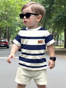 2pcs/Set Boys' Striped Print Short Sleeve T-Shirt And Shorts - Blue - View 9