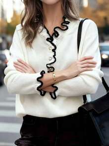 New Women's Autumn And Winter Fashionable Solid Color Black Trimmed Fungus Side Elegant And Comfortable Pearl Button Long-Sleeved V-Neck Sweater Pullover,Long Sleeve Tops - White - View 3