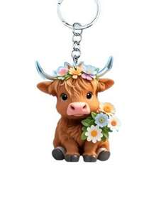 1 Set - Cute Highland Cow Acrylic Bag Charm, Floral Wreath Yak Charm, 2D Acrylic Decorative Pieces, Car Pendant, Adorable Cartoon Calf Keychain - Multicolor - View 7