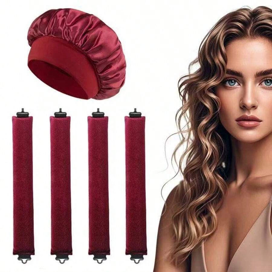 5/4/3 件套美发造型套装 + 睡眠帽，免加热卷发器，方便实用，卷发工具，马尾辫卷发器，睡眠造型工具，女士泡沫卷发器 - 酒紅色 - 查看 1
