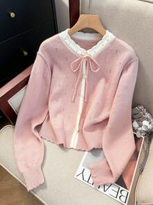 JIANHU New Spring Sweet Round Neck Knitted Cardigan Women Short Versatile Drawstring Sweater Coat Fresh Style Spring