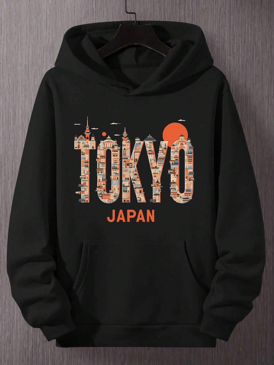 Men's TOKYO JAPAN Hoodie - Heather Gray, Relaxed Fit, Graphic Sweatshirt With Tokyo Tower And Japanese Architecture Design, Machine Washable, Casual Streetwear, Comfortable Everyday Wear, Non-Stretch Fabric. - 黑色 - 查看 1