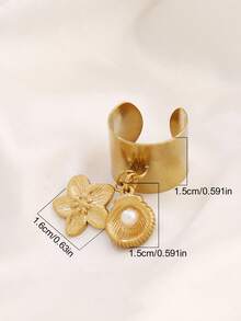 1pc Stainless Steel Flower Pendant Open Ring, Fashionable Pearl Shell Pendant Round Ring, Waterproof Jewelry For Women - Ring Style 1 - View 7