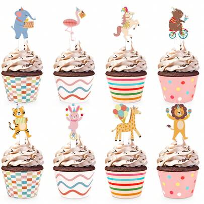 48个装马戏团动物纸杯蛋糕装饰插牌和包装纸，嘉年华派对蛋糕装饰，动物主题生日派对、婴儿派对用品
