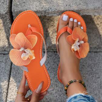 1 Pair Women Solid Color Casual Flat Thong Sandals, Beach & Outdoor Wear, Spring/Summer