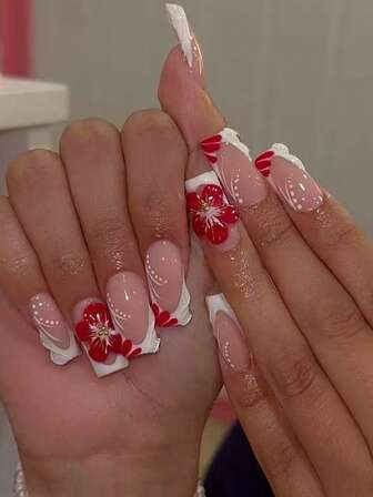 24Pcs Long Square 3D Three-Dimensional Gelnail Makes Flower Nails With Pearl Decorate Design White French Acrylic Press On Nails Long Perfect Fit Fake Nail Set, Include: 1pc Jelly Glue And 1pc Nail File, Easy To Wear Summer Nails And French Tip Nails Art For Woman Girl Daily Work Wear Rave Party Use