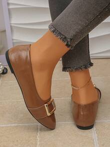 女士平底鞋,尺码 35-45,优雅纯色时尚金属链舒适平底鞋,适合办公室和户外活动,春秋新款百搭棕色 PU 一脚蹬乐福鞋 - 棕色PU - 查看 6