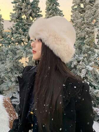 1 st damer enfärgad trendig fluffig varm fleecehatt, lämplig för vinterutflykter