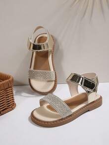 Girls' Shiny Glitter Strap Open Toe Flat Sandals, Non-Slip Sweet Style, Gold PU With Sequins, Fashion Princess Design For Summer, Beach, Travel, Daily Wear - Gold - View 3