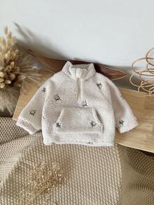 Baby Girls' Floral Embroidery Fleece Collar Raglan Sleeve Zip-Up Warm Jacket, Winter - Apricot - View 2