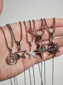 5pcs Metal Punk Necklace Set, Minimalist Pendant Necklaces Including Swirl, Star, Sunburst Pendants, Suitable For Men's Daily Wear, Holiday & Valentine's Day Gifts, Gifts For Friends