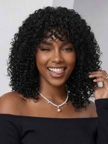 Women's Looking Curly Wig With Bangs-100% Density Shawl For Daily Wear,Parties & Costumes | Curly Wave Chemical Fiber Wig - Multicolor - View 2
