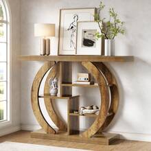 LITTLE TREE 108cm Light Oak Brown 4-Tier Wood Console Table, Circle Base Entryway Sofa Table With Storage Shelves For Living Room Hallway - Brown - View 4
