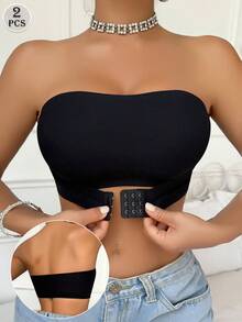 2-Piece Women's Multi-Color Ribbed Front Closure Bras, Padded Wireless Front Clasp Bras, Strapless Bras - Black - View 2