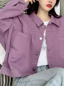 Chaqueta de mujer Novedades de la colección primavera: chaqueta vaquera morada holgada y corta para mujer Top informal vintage estilo Hong Kong Chaqueta vaquera morada holgada con cuello, botones en la parte delantera y bolsillos para mujer - Morado - Ver 9