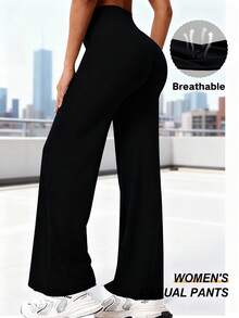 女士极简高腰通勤阔腿裤，性感休闲运动直筒裤，提臀喇叭裤，修身瑜伽紧身裤，弹力运动裤，适合春、夏、秋季穿着，日常穿着及健身 - 黑色 - 查看 3