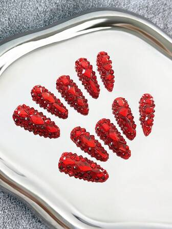 Y2K Oval Nails Handmade Press-On Nails With Transparent Tips, Red Rhinestones & Sparkling Full-Coverage 3D Designs - Full Cover DIY Glitter Artificial Nails, False Nails For Parties, Outdoor, Beach, Daily, Holidays, Gatherings, Work & Special Events - 10 Pieces/Bag