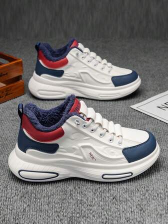 Men's Casual Sports Shoes, New Autumn/Winter Plush Lining, Warm Outdoor Fashion Versatile Sports Thick Sole Campus Student Shoes, Daily Commute Casual Walking Colorblock Elastic Design Fleece Winter Shoes