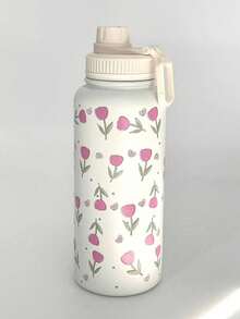 1pc Pink Tulip Heart Shaped Stainless Steel Vacuum Insulated Water Bottle - Double Wall Insulated, Suitable For Hot & Cold Drinks, Capacity Options: 20.29oz/27.05oz/33.81oz, Great For Travel, Fitness, Outdoor Activities And Gifting