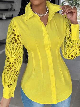 Plus Women's Elegant Lace Hollow Sleeve Collar Shirt