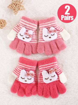 2 pares de guantes de punto para bebé de 1 a 3 años, suaves y cálidos con forro de felpa, diseño lindo de conejito con lazo y rayas, guantes de dedo completo para niños para el invierno, para uso diario, juegos al aire la escuela en clima frío
