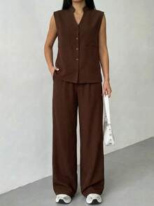 A&DD MODA,REF:Y287 - Women's Solid Color Two-Piece Set, Consisting Of A Sleeveless Vest And Loose-Fitting Trousers, With Upper Body Pockets And Elastic Waistband, Suitable For Daily Outings - Màu nâu Sô-cô-la - Xem 4