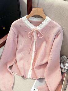 JIANHU New Spring Sweet Round Neck Knitted Cardigan Women Short Versatile Drawstring Sweater Coat Fresh Style Spring