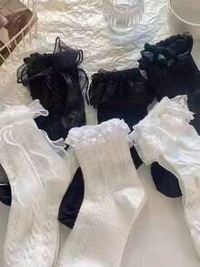 2 Pairs/4 Pairs Women Lace Trim Mid-Calf Socks, Casual College Style Socks, Suitable For Home And Travel - White - View 3