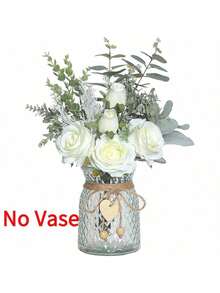 1束人造玫瑰配尤加利叶，仿真植物塑料花，新娘捧花装饰，适用于家居、母亲节、婚礼派对、办公室、农舍、餐厅、客厅、卧室、餐桌、茶几、房间装饰、返校季、感恩节、圣诞节等节日礼物 - 白色 - 查看 6