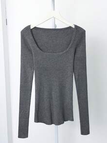 韩版性感修身方领长袖针织毛衣上衣，秋冬 - 灰色 - 查看 7