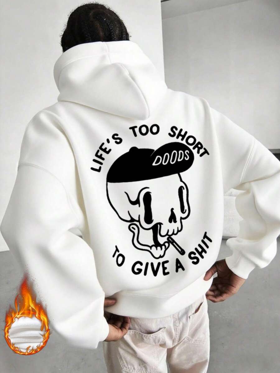 ONE WAVE Men's Autumn/Winter Funny Skull Element Print Fleece Lined Hoodie Sweatshirt - White - View 1