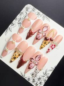 1 Set Of 10 Y2K Hot Girl Style Press Style Pointed Nail Art Pure Handmade False Nails, With Nude, White, Reddish Brown, Yellow Nail With Carved, Steel Ball, 5D Cherry, Leopard Print, French Element Design. Women And Girls Can Wear Glossy Nail, Suitable For Daily Wear At Parties And Dances, Including A Tool Kit. (Note That Accessory Colors Are Random) - Multicolor - View 3