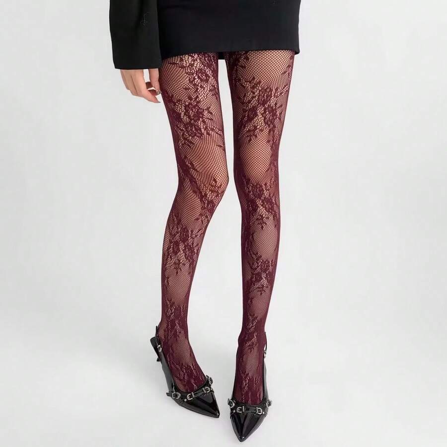 Early Spring New French Lace Pantyhose Melad Color Fishnet Stockings Sexy Stockings 6235 - 6235 Burgundy - Xem 1