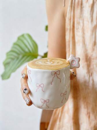 1pc 250ml Cute Floral Handpainted Bowknot Watercolor Flower Asymmetrical Ceramic Coffee Mug, Latte Cup