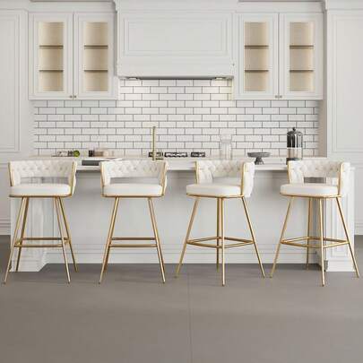 VECELO Set Of 4 White PU Leather Bar Stool With Electroplated Metal Frame – 34-Inch Tall Bar Chair With Footrest, For Kitchen Island And Home Bar