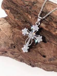 1 chiếc vòng cổ mặt thánh giá đính đá giả và ngọc trai giả tối giản, dây chuyền thép không gỉ, trang sức cho nam và nữ, đeo hàng ngày - Thánh giá bạc nạm kim cương - Xem 5