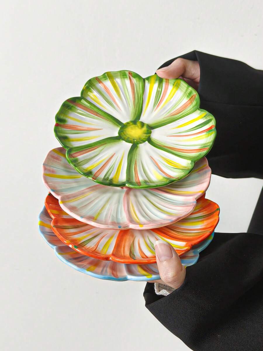4pcs Colorful Petal Ceramic Plates, Elegant Dessert Plates, Suitable For Steak, Desserts, Afternoon Tea, Weddings, Parties, Gifts