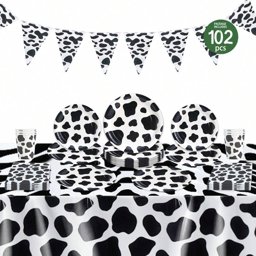 1 Set Perlengkapan Pesta Sekali Pakai Motif Sapi Hitam Putih, Termasuk Piring, Serbet, Gelas, Taplak Meja, dan Bendera, Cocok untuk 25 Tamu, Peralatan Makan Pesta Piring Kertas Sekali Pakai untuk Ulang Tahun, Pernikahan, Pesta Bertema, Piknik Keluarga - MultiWarna - View 1