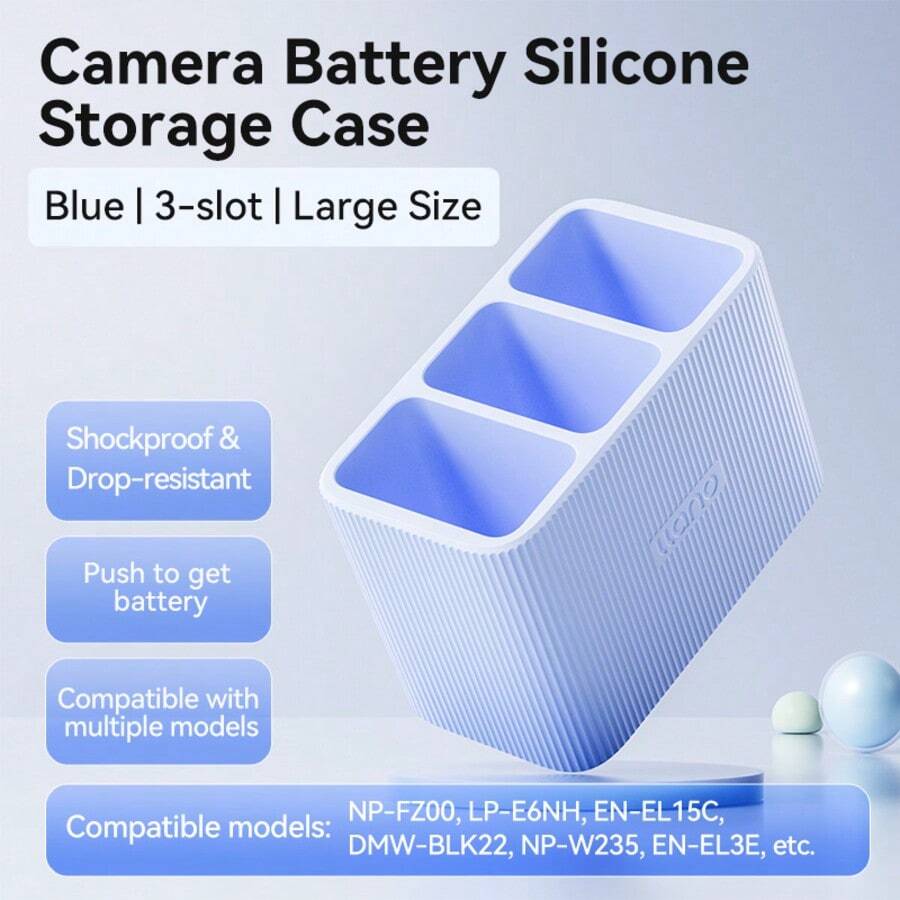 Hộp đựng pin máy ảnh Llano Universal 3 khe cắm – Hộp đựng bằng silicon chống sốc và chống rơi cho Fujifilm NP-W235, Canon LP-E6/LP-E13, NP-FZ100, Nikon EN-EL15/EL3E, DMW-BLK22 - Màu xanh nhạt - Xem 1