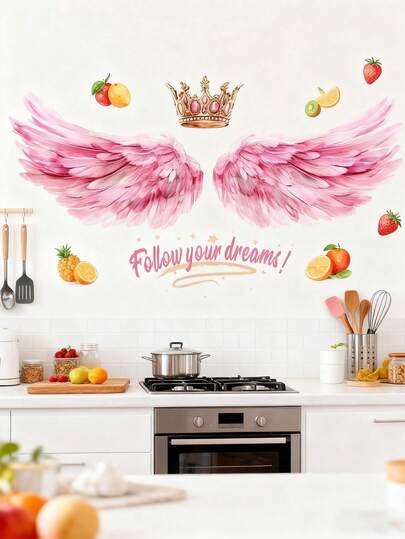 Decal dán tường cánh thiên thần màu hồng có vương miện - Miếng dán tường màu nước lớn 60,4cm với câu nói "Theo đuổi ước mơ" dùng cho phòng ngủ, phòng trẻ em, phòng bé gái, trang trí nhà cửa