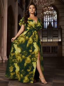 Plus Size Floral Chiffon Formal Party Dress, Deep V-Neck Ruffle Sleeve High Slit Maxi Gown - Green - View 6