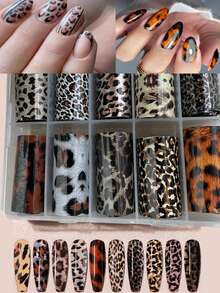 10 Blatt pro Box Leopard Muster Nagelkunst Transfer Papier Sternenhimmel Papier, Herbst und Winter Retro Leopard Muster Nail Folie Nagelkunst Aufkleber, DIY Nail Decals Nagelkunst Dekoration, elegante Nagelpflege-Artikel für Frauen - Verschiedenfarbig - Übersicht 1