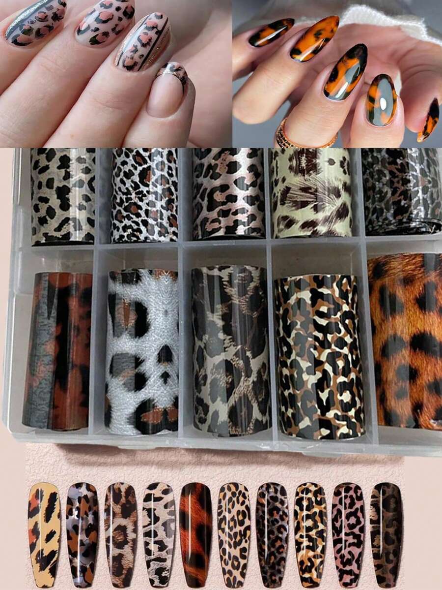 10 Blatt pro Box Leopard Muster Nagelkunst Transfer Papier Sternenhimmel Papier, Herbst und Winter Retro Leopard Muster Nail Folie Nagelkunst Aufkleber, DIY Nail Decals Nagelkunst Dekoration, elegante Nagelpflege-Artikel für Frauen - Verschiedenfarbig - Übersicht 1