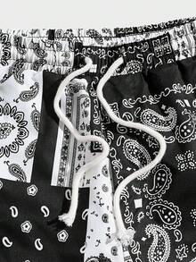Men's Boho Paisley Print Drawstring Waist Summer Shorts With Pocket - Black Multi Paisley - View 7