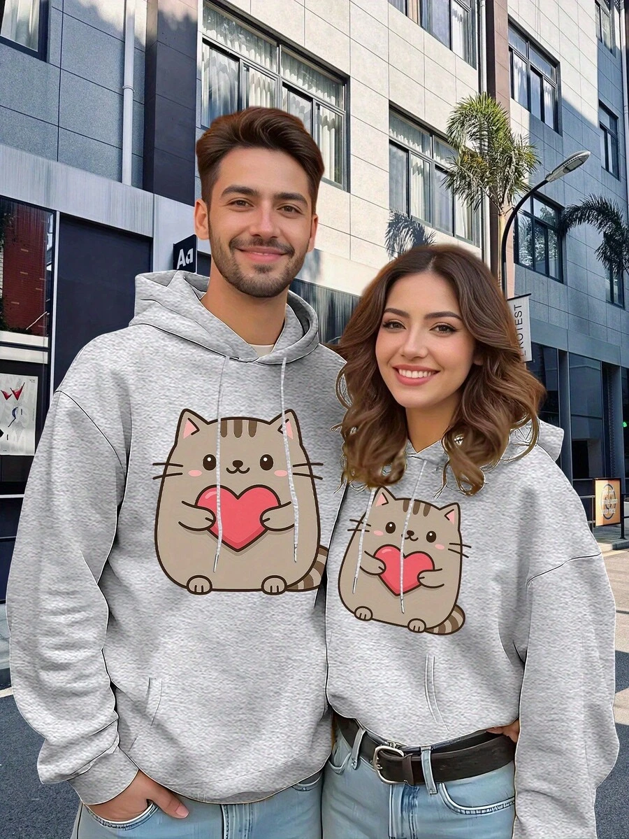 Sudaderas con capucha para parejas cómodas - Diseño lindo de gato y corazón, sudaderas ligeras de poliéster azul claro con bolsillos, ideales para uso casual y salidas de primavera/otoño, sudaderas con capucha para uso casual | Diseño juguetón de sudadera | Sudadera de poliéster - Prenda Única Gris para Mujer - Ver 1