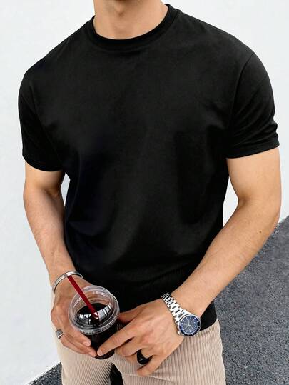 1 pieza Camiseta de cuello redondo de manga corta de algodón para hombre, simple, transpirable, amigable con la piel, cómoda, suave, estilo vintage discreto, lavable a máquina, adecuada para el uso diario, los negocios y las actividades al aire libre